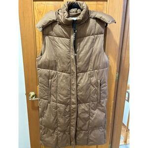 Avec Les Filles Tan Longline Puffer Vest Detachable Hood Brown Quilted Jacket L